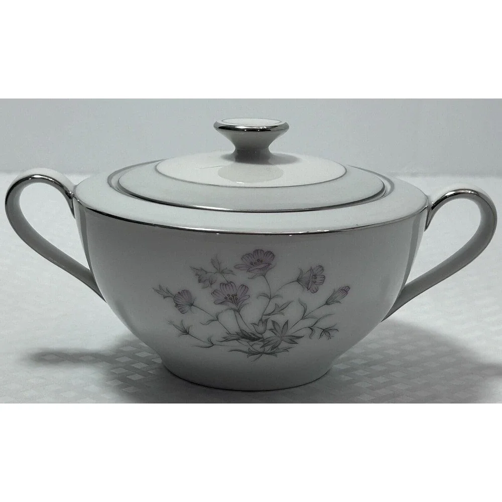 Vintage Royal M‎ By Fuji Sachet Flower Silver Rim Sugar Bowl With Lid Japan